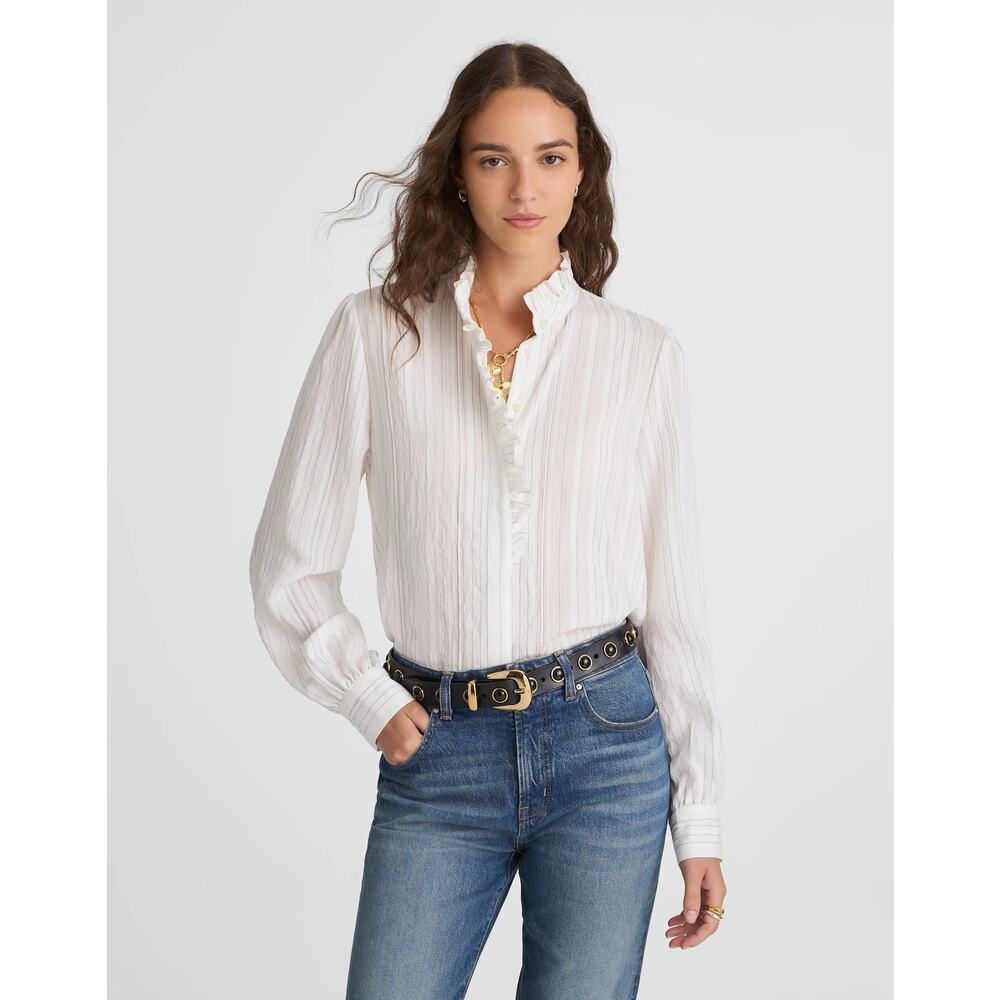 Madewell Women's Ruffled Button-Up Top Long Sleeve Airy Multi Stripe SZ XXS NWT